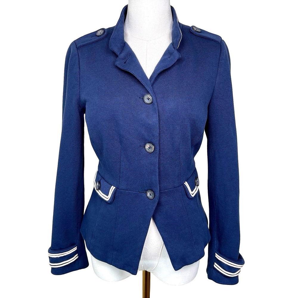 Boden Pique Military Peplum Blazer Jacket Women 6 Navy Blue WE383 Stretch Cotton
